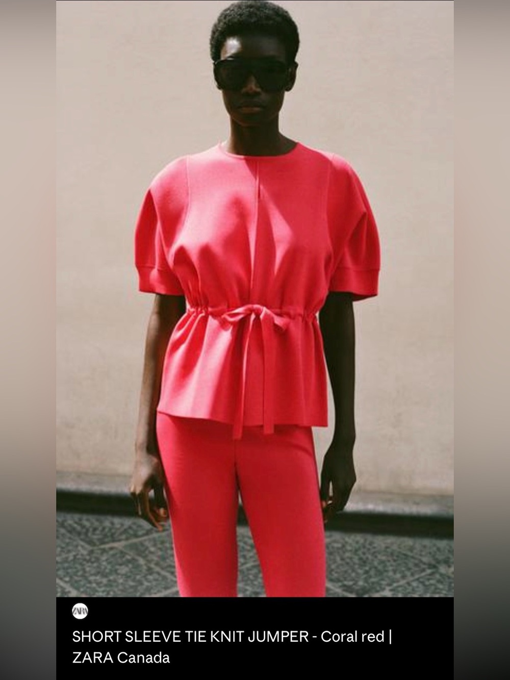 ZARA Coral Red Short Sleeve Tie Knit Top